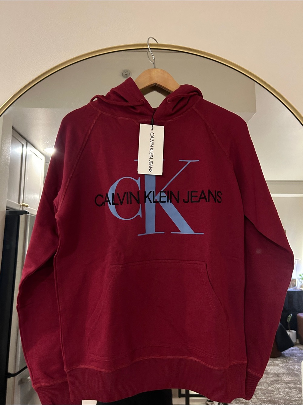 Calvin Klein Jeans Men's Maroon Hoodie with Blue CK Logo